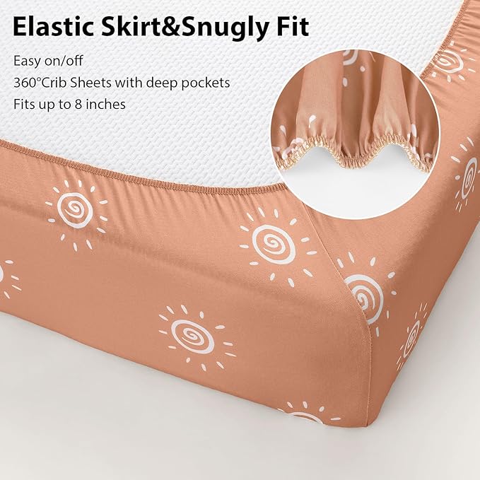 Baby Crib Sheets for Boys and Girls, 3 Pack Fitted Toddler Bed Sheets Neutral for 52”x28” Standard Crib and Toddler Mattresses, Super Soft Microfiber Orange Sun Rainbow