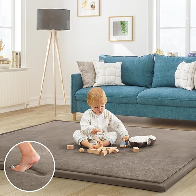 Baby Play Mat for Floor Tummy Time Mat Nursery Muscle Area Rug Playroom Rug Tatami 65"*50" Memory Foam 1.3" Thick Crawling for Babies,Toddlers, Infants, Kids,Floor(Brown)