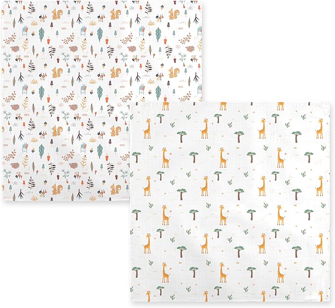 2-Pack 100% Cotton Muslin Swaddle Blankets, Large 47 x 47 Inches — Breathable Soft Receiving Blankets for Newborns, Swaddling Wraps, Baby Essentials, Registry Gift (Forest & Giraffe Duo)