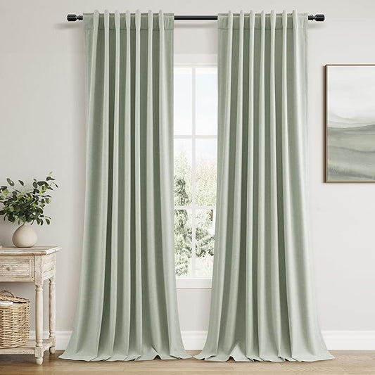 Guken 100% Blackout Curtains 96 Inch Length 2 Panels Set for Living Room Bedroom Back Tab Thermal Insulated Black Out Linen Drapes Room Darkening Window Curtains 96 Inches Long,Mist Sage