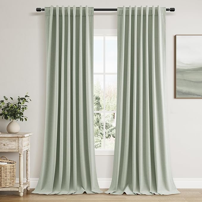 Guken 100% Blackout Curtains 102 Inch Length 2 Panels Set for Living Room Bedroom Back Tab Thermal Insulated 100% Black Out Linen Drapes Room Darkening Window Curtains,Mist Sage