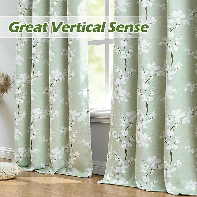 FMFUNCTEX Green Kitchen Valance Curtain for Windows Bathroom Living Room Bedroom, Blossom Blackout Window Valance Thermal Insulated Rod Pocket Valance Curtains, 50" W x 18" L, Sage Green and White