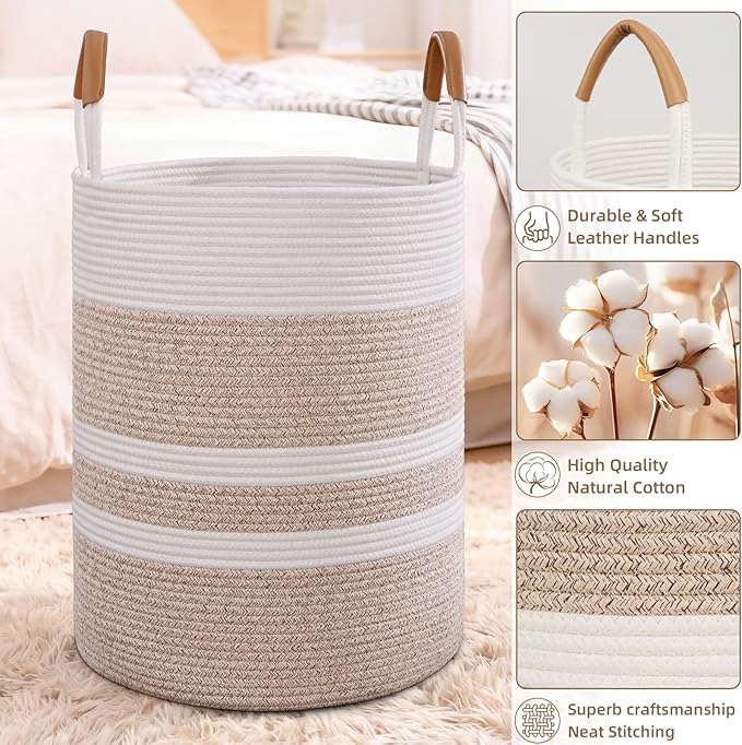 75L Striped Laundry Basket, Brown Laundry Hamper with Leather Handles, Woven Cotton Rope Storage Bin for Blankets, Nursery Hamper for Clothes, Toys In Bathroom, Livingroom, Bedroom