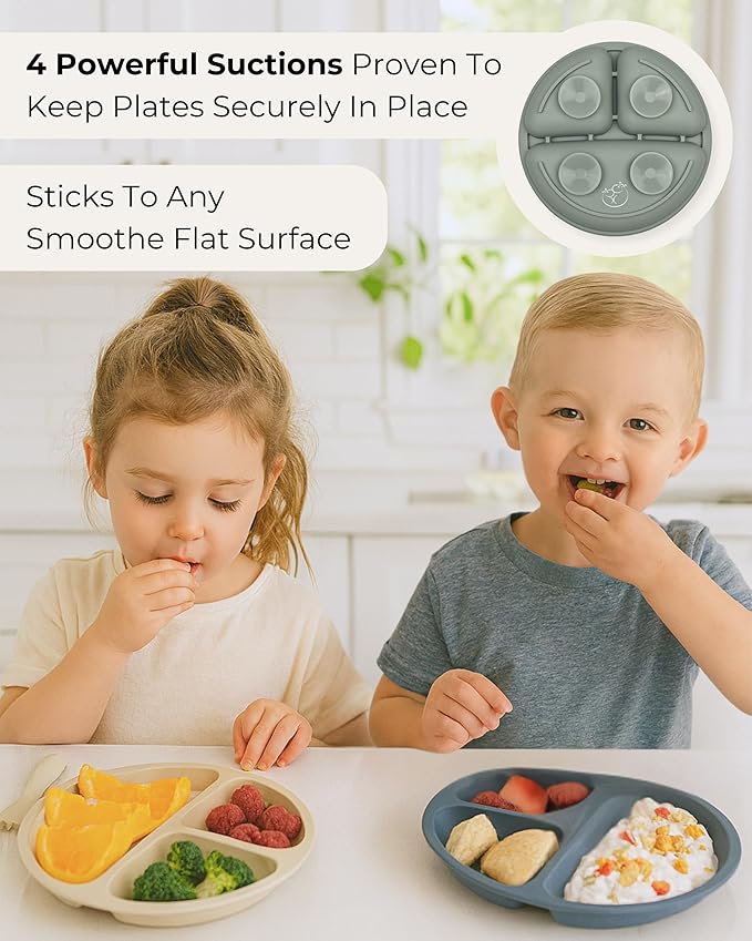 Hippypotamus Toddler Plates with Suction - 100% Food-Grade Silicone Baby Plates with Lids - Microwave & Dishwasher Safe - BPA Free - Set of 3 (Fog/Sage/Taupe with LIDS)