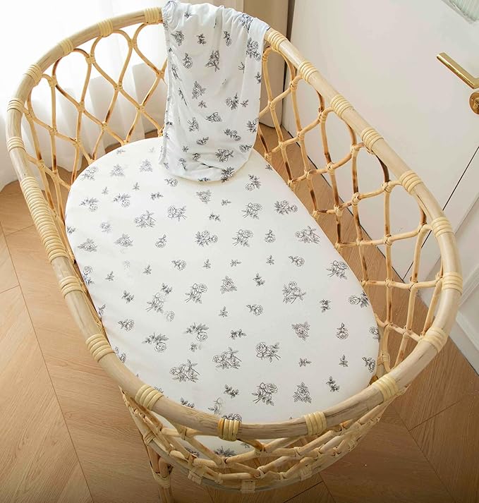 SDY Jersey Bassinet Sheets for Baby Boys and Girls,32 "x 16 "x 4", 2 Pack,Neutral Flower Standard Oval/Retangle Fitted Bassinet Sheets for Toddler,Super Soft Breathable