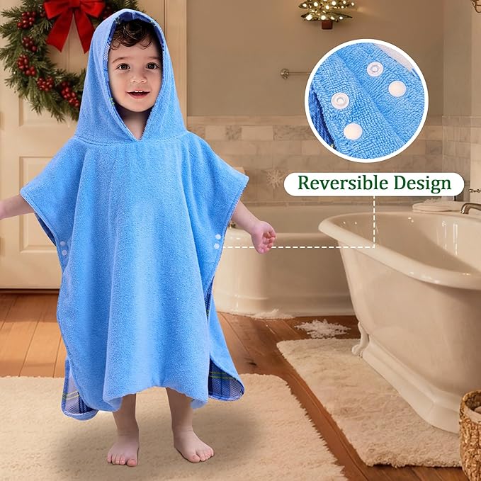 VOOVA & MOVAS Double-Layered Baby Hooded Towel Poncho (2-4 Years, 20x21 Inches) | Ultra Soft & Absorbent Cotton | Thick Toddler Bath Towel for Swimming, Beach, Shower & Winter,Blue Bufflo