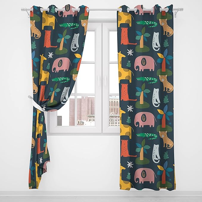 Kids Blackout Curtains ,Painting Art Curtain for Living Room Bedroom Jungle with Funny Animals Giraffe Elephant Tiger Leopard Crocodile Thermal Insulated Blackout 55x63inch(140x160cm),White