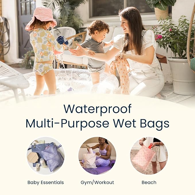 Tiny Twinkle Mess Proof Wet Bags | 2-Pack Reusable Waterproof Wet Bags for Swimsuits | Baby Clothes | Travel & Diaper Bag (Periwinkle,Pebble)