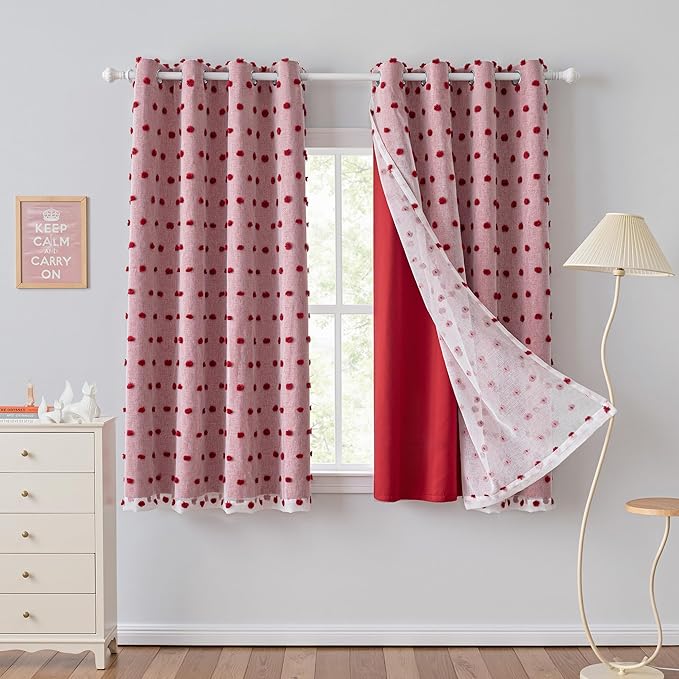MYSKY HOME Double Layer Curtains for Girls Room Red Pom Pom Sheer Curtain 63 Inches Length Nursery Blackout Curtains Thermal Insulated Room Darkening Short Kitchen Drapes Grommet, 52 x 63 In, 2 Panels