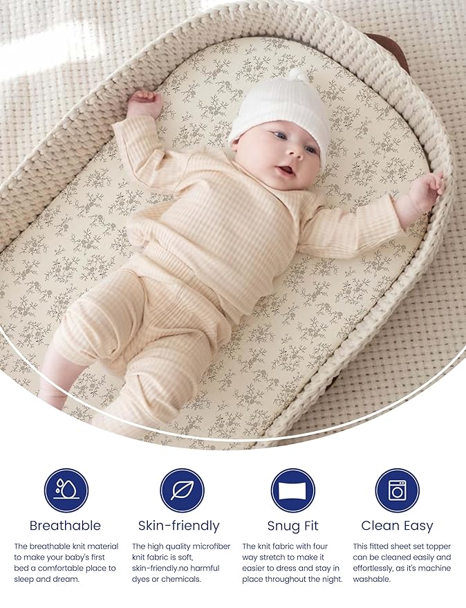 TotAha Premium Soft Bassinet Sheet for Boy Girl, Super Stretchy Jersey Knit Bassinet Fitted Sheet, Compatible with Halo, Maxi COSI, Mika Micky, SNOO, and Other Bassinet, 2 Pack (Vintage Rose & Brunch)