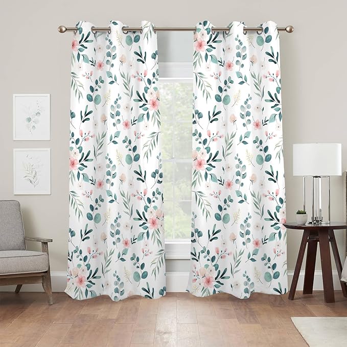Renaiss Boho Floral Blackout Curtains, Bohemian Flower Plant Print Thermal Insulated Bedroom Window Curtains, Botanical Art Window Curtains for Kitchen, 108" L x 53" W 2 Panel Set