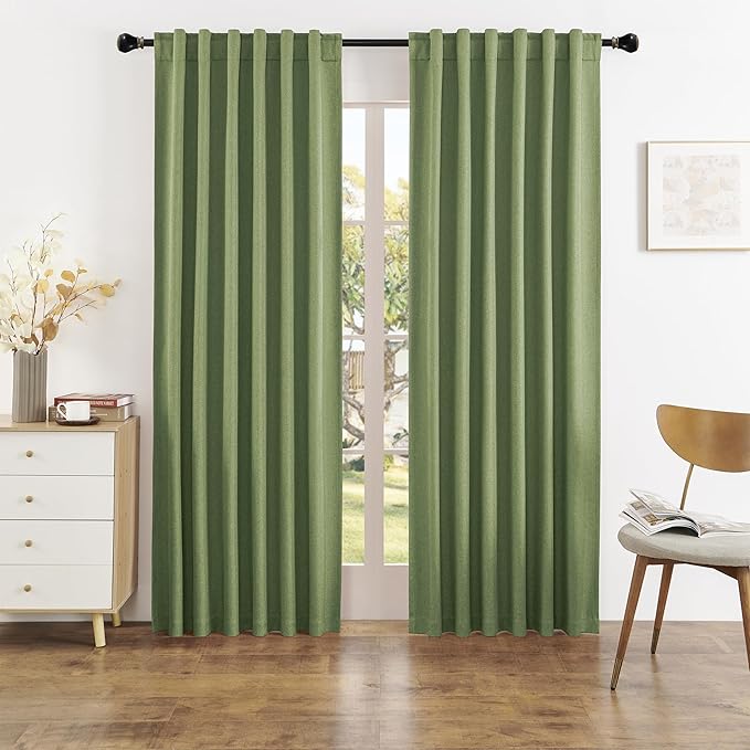 DUALIFE Sage Green Blackout Curtains 84 Inch Length, Back Tab Rod Pocket Hooks Window Treatment Farmhouse Spring Boho Linen Textured Long Drapes for Bedroom Living Room W50 x L84, 2 Panels Set