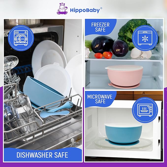 HippoBaby 6 Piece Baby Bowls With Suction and Lids | Toddler Bowl Set with 1 Bowl, 1 Bib, 2 Baby Spoons, 1 Large Spoon, 1 Large Fork, Baby Feeding Essentials (1, Rose Quartz)