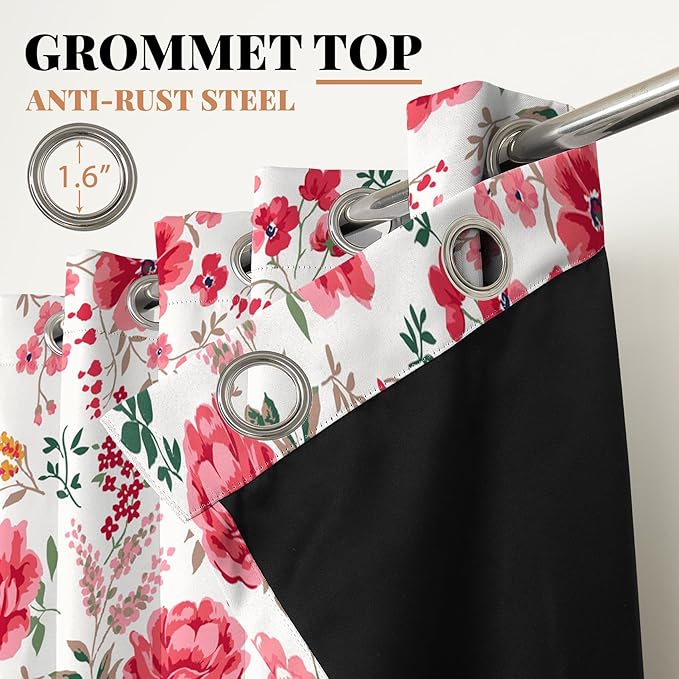 Renaiss Pink Rose Floral Curtains Red Peony Flowers Blackout Window Curtains for Bedroom Thermal Insulated Living Room Window Drapes 42W x 63L Inches 2 Panel Set, Grommet Top