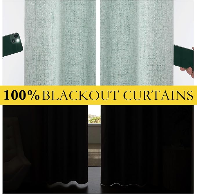 NICETOWN 2 Panels Seafoam Green Linen 100% Blackout Curtains for Living Bedroom 42 x 63 Inch Rod Pocket Style, Thermal Insulated & Light Blocking Drapes, Modern Farmhouse Window Treatment for Nursery