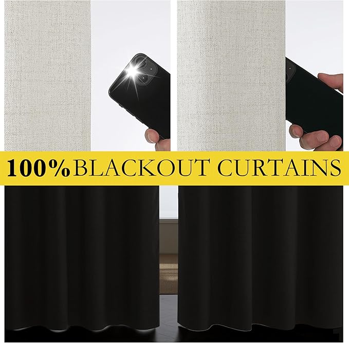 NICETOWN 100% Blackout Linen Curtains 72 inches Long 2 Panels, Thermal Insulated Curtains with Liners for Bedroom, Farmhouse Style Privacy Window Draperies for Living Room, Snowbound, W52 per Panel