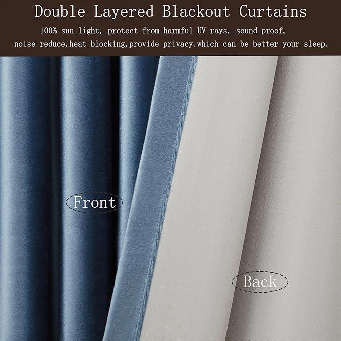 PRIMROSE 100% Full Blackout Velvet Curtains 96 inch Long for Living Room,Set of 2 Stone Grayish Blue Liner Rod Pocket Back Tab Thermal Window Curtains Room Darkening Curtains Drapes for Bedroom