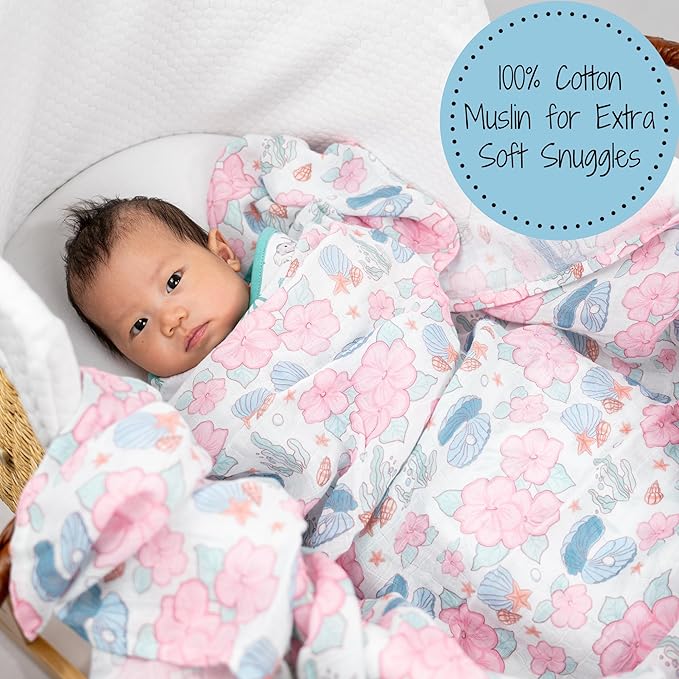 LollyBanks Baby Swaddle Blanket for Girls, 100% Cotton Soft and Breathable Muslin Swaddle Blanket 47 x 47 Inches, Lightweight Newborn Blankets, Baby Essentials Must Haves (Clams Flower Print)