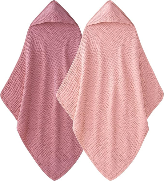 Hooded Baby Towels for Newborn - 2 Pack, 100% Muslin Cotton, Baby Bath Towels with Hood, Soft and Absorbent for Girls Infant, Toddler and Kids, Large 32x32 Inches, Newborn Essential