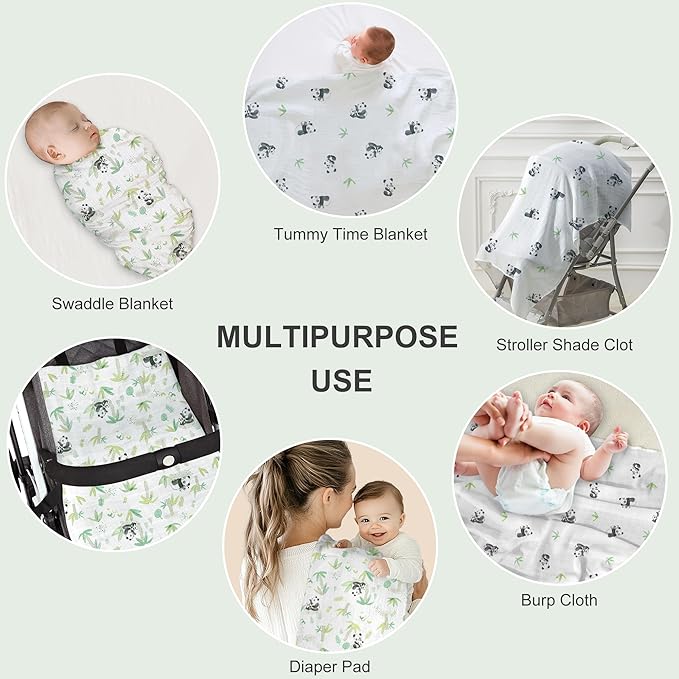 2-Pack Baby Swaddle Blankets, Soft & Breathable Muslin Swaddle for Newborns, 47 x 47 Inches, Unisex, Panda Prints