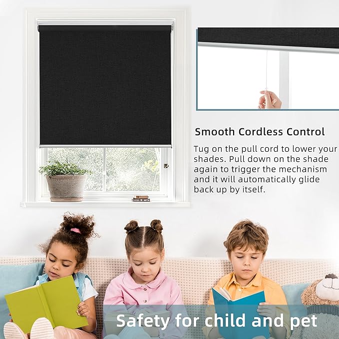 ChrisDowa Cordless 100% Blackout Roller Shade, with Striped Jacquard, Thermal Insulated, UV Protection Fabric, Total Blackout Blinds for Window, French Doors, Home and Office, Black, 24" W x 72" H