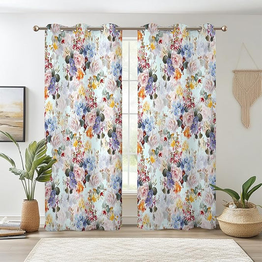 Renaiss Rustic Flower Window Curtains Watercolor Florals Painted for Living Room Decor Thermal Insulated Blackout Curtains for Bedroom Window Treatment & Drapes Grommet 53W x 108L Inch 2 Panel Set