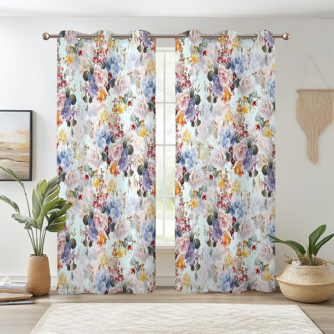 Renaiss Flower Blossom Curtains Watercolor Floral Painting Thermal Insulated Window Curtains for Living Room Bedroom Blackout Window Drapes Grommet Top 42W x 63L Inch 2 Panel Set