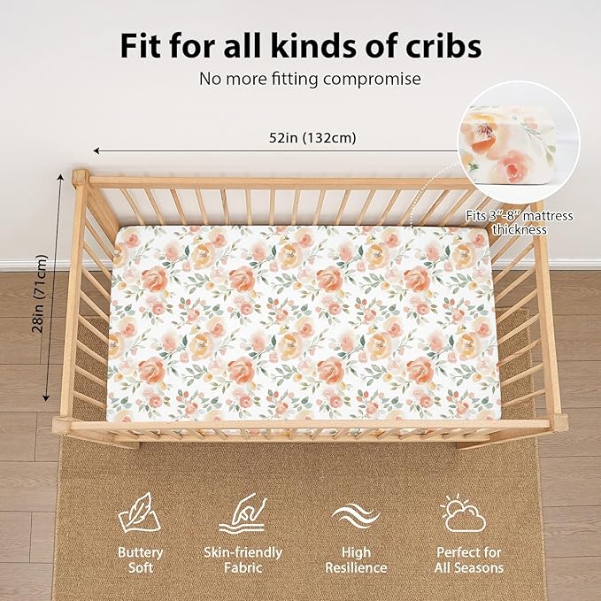 Baby Crib Sheets Girl, 3 Pack Toddler Bed Sheets for 52”x28” Standard Toddler Mattresses, Soft Microfiber Fitted Crib Sheets Neutral Orange Watercolor Flower