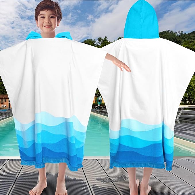 VOOVA & MOVAS Hooded Bath Towel for Boys| Girl | Teens (8-16Years), 100% Cotton Thick Poncho Towel Robe for Big Kids, Perfect for Pool, Beach,Bathroom,Waves Tassels