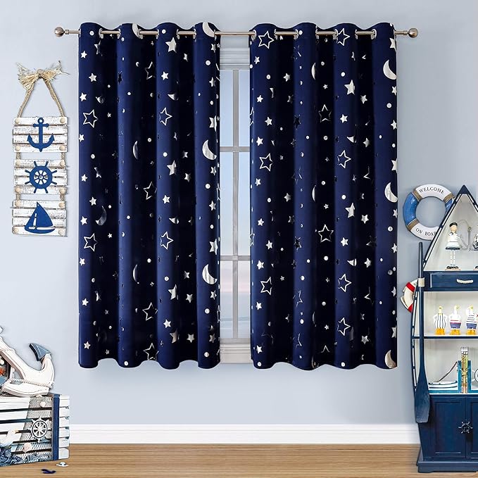 WUBODTI Boys Curtains Navy Blue Blackout Star Curtains Cute Space Themed Thermal Insulated Room Darkening Blackout Short Drapes for Kids Room Nursery Boys Bedroom(W52 x L45, 2 Panels)