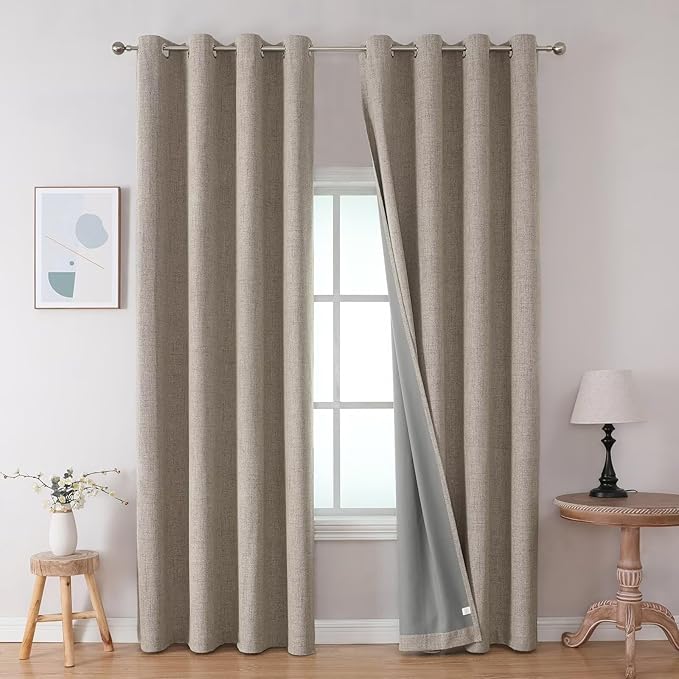 Joydeco Linen Black Out Curtains 72 Inch Long 2 Panels Set, Curtains 100% Blackout Room Darkening Drapes for Bedroom, Textured Drapes with Grommets for Living Room Windows