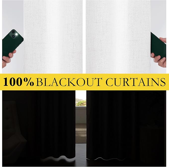 NICETOWN Linen 100% Blackout Cafe Curtains, Thermal Insulated & Noise Reducing Draperies with Grey Liner, Rod Pocket Short Drapes for Kids Room, Kitchen (52" W by 48" L, 2 Panels, Greyish White)