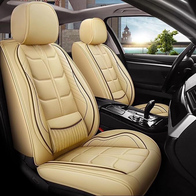 Amooca Car Seat Covers Full Set Automotive Seat Protection Fit for Most Cars SUVs Front & Back Seats Waterproof Nappa Leather Car Seat Cushion Protector Beige