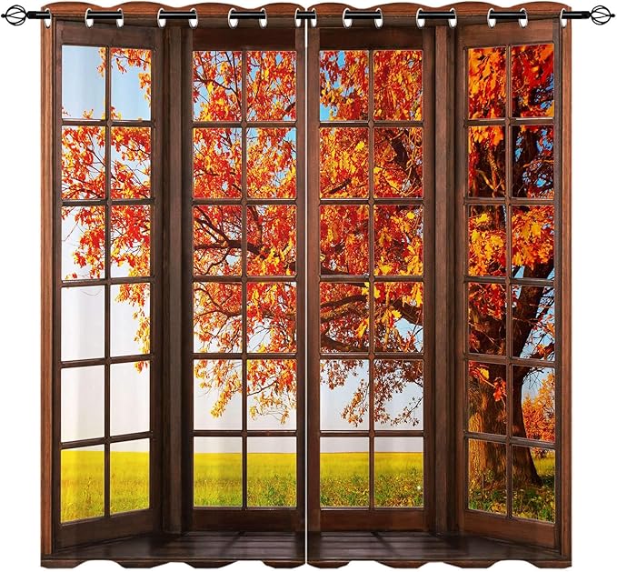 Autumn Blackout Curtains W42 x L63 Inch Grommet Thermal Insulated Room Darkening Window Drapes Nature Fall Tree Landscape Scenery Print Pattern for Bedroom Living Room Cafe Closet 2 Panels