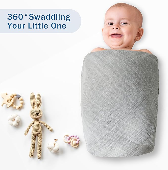 3-Pack 100% Cotton Muslin Swaddle Blankets, Large 47 x 47 Inches — Breathable Soft Receiving Blankets for Newborns, Swaddling Wraps, Registry Gift (Classic Blue & Gray)