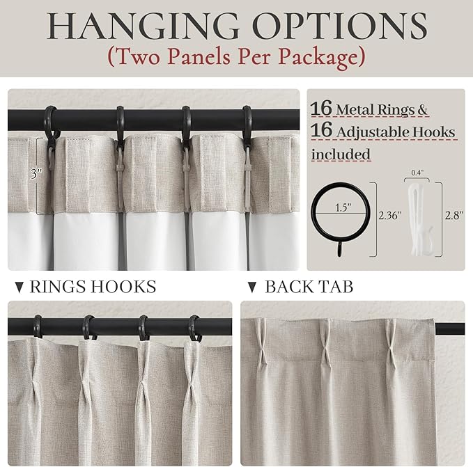 Short Black Out Curtains 56 Inch Long for Bedroom 54 Inch Length Window Treatments, Blackout Linen Boho Pinch Pleated Kitchen Thermal Drapes for Summer Heat Living/Bathroom (40"x56"2 Panels)