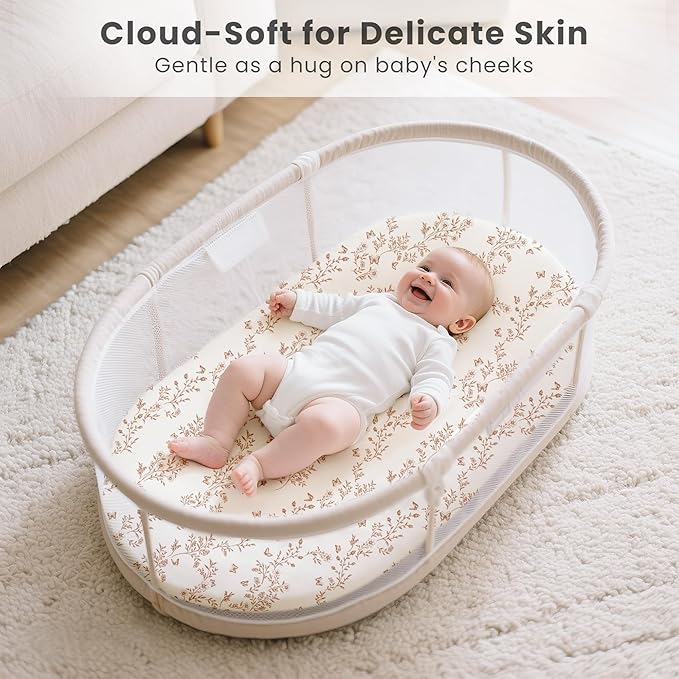 Konssy 3 Pack Stretchy Bassinet Sheets for Baby Girl Boy, Soft Breathable Baby Bassinet Mattress Sheets Fit for Hourglass Oval Cradle, Moses Basket Rectangle Mattress (Flutter Garden)