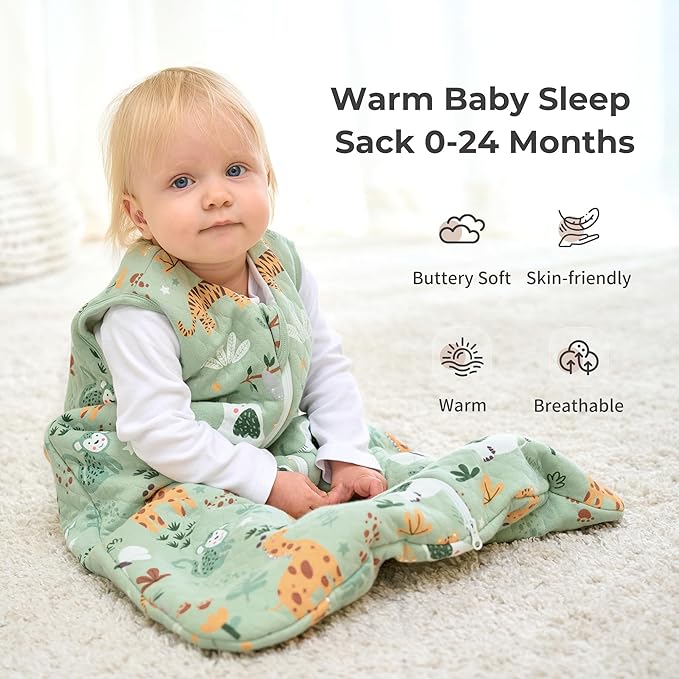 FIEMOL Baby Sleep Sack 12-18 Months 2.5 TOG, Winter Cotton Sleepsack for Toddler, Warm Quilted Baby Wearable Blanket, Baby Sleeping Bag with 2-Way Zipper Green Animal