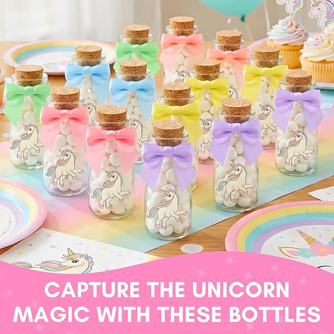 Ethisa 12 Pack Unicorn Party Favor Glass Bottles with Pastel Ribbons - Vintage Birthday Unicorn Party Favors for Girls and Table Centerpieces Decorations - Sturdy Rainbow Theme Candy Jar