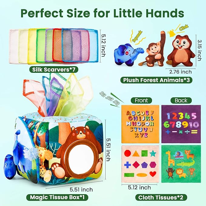 Baby Toys 6-12 Months - Baby Tissue Box Toy for 6 9 12 18 Months Old Montessori Sensory Toys for 1 Year Old Boy Infant Scarf Toy with Crinkle Tissues & Fine Motor One Year Old Boy Birthday Gifts