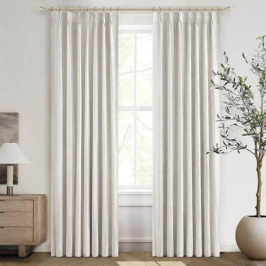 Birch Unique 80 Inch Pinch Pleated Curtains Blackout for Bedroom 2 Panel Set, Neutral Cream Linen Blend Pleat Memory Trained Drapes Room Darkening Insulated Nursery Back Tab 40x80 Inches Window Burg