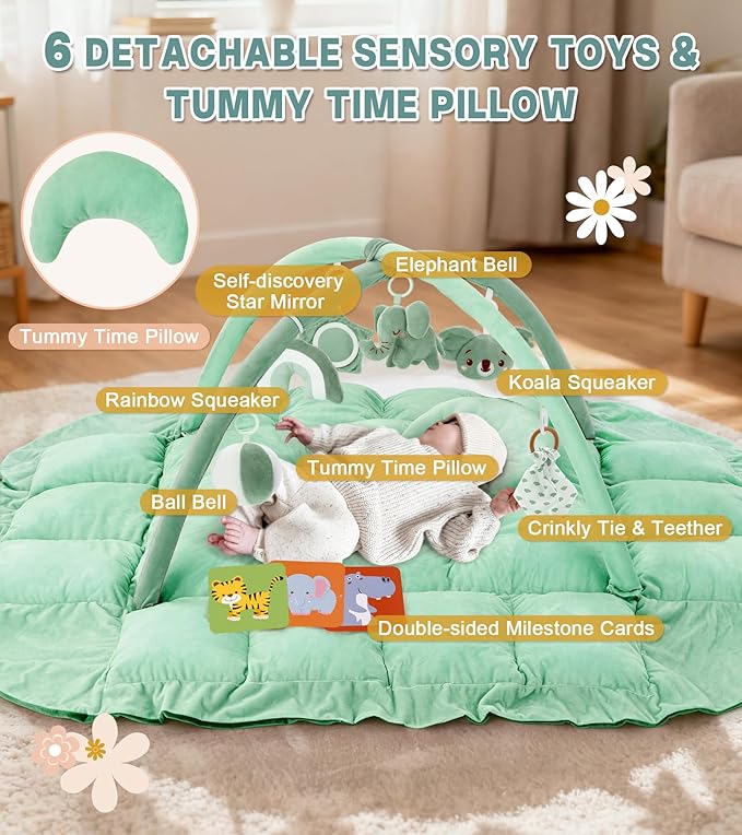 5-in-1 Baby Play Gym and Tummy Time Mat, Tummy Time Pillow & 12 Learning Cards, Plush Activity Mat with 6 Toys, Baby Gym, Convertible to Ball Pit, Baby Gift, Sage Green