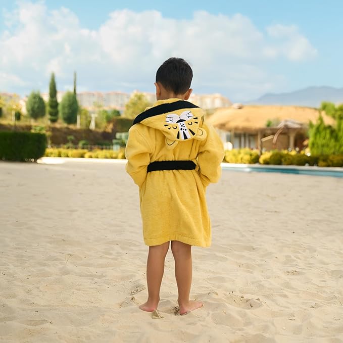 BAGNO MILANO Kids Organic Turkish Cotton Hooded Beach Cover-Up Towel, GOTS Certified, for Boys and Girls (Tiger Yellow, 5-6 Years)