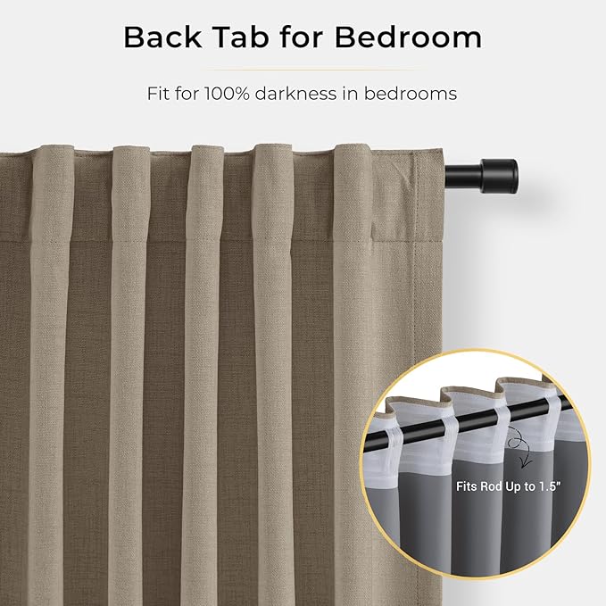 INOVADAY 100% Blackout Curtains for Bedroom, Black Out Curtains 108 Inch Long, Clip Rings Linen Blackout Drapes, Thermal Insulated Room Darkening for Living Room, 2 Panels - Earthy Beige,W50xL108