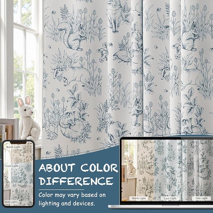 jinchan 95% Blackout Nursery Curtains 63 Inches Long, Bunny Woodland Toile Curtains Blue on Beige Animal Printed Drapes for Bedroom Rod Pocket Thermal Insulated Farmhouse Window Treatment 2 Panels