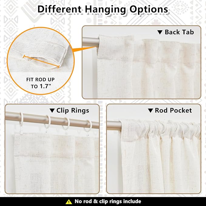 MYSKY HOME Curtains 84 inches Long for Living Room Boho Linen Sheer Drapes Geometric Farmhouse Decor Light Filtering Privacy Protect Soft Touch Treatment Back Tab for Home, 50" Wide, Khaki, 2 Panels