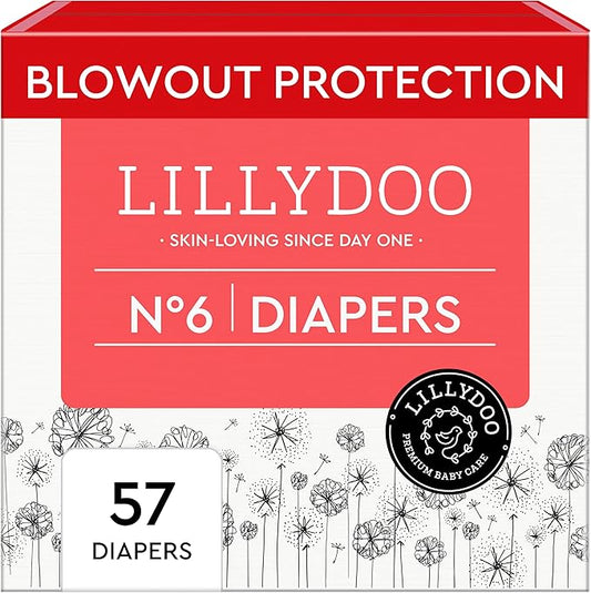 LILLYDOO Baby Diapers - Size 6 (29+ lbs), Half-Monthly Supply (57 Count), Leak Protection, Skin-Friendly, Ultrasoft, Perfume- & Chlorine-Free, Hypoallergenic, Dermatologist Tested, Oeko-TEX®