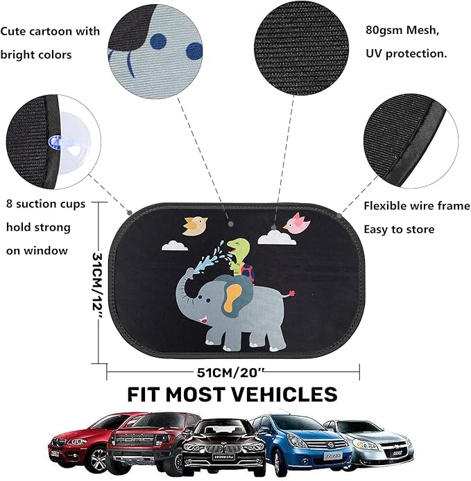 MOVINPE Car Sun Shade for Baby Kids 2 Pack Static Cling Side Window Car 80GSM Rear Sunshades Universal with 8 Suction Cups and Storage Bag - Sun Glare and UV Rays Protection (Elephant & Turtle)