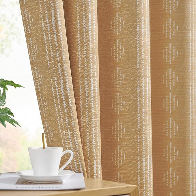 jinchan 95% Blackout Boho Curtains 84 Inches Long for Bedroom Mustard Yellow Geometric Printed Grommet Top Room Darkening Thermal Insulated Window Drapes 2 Panels
