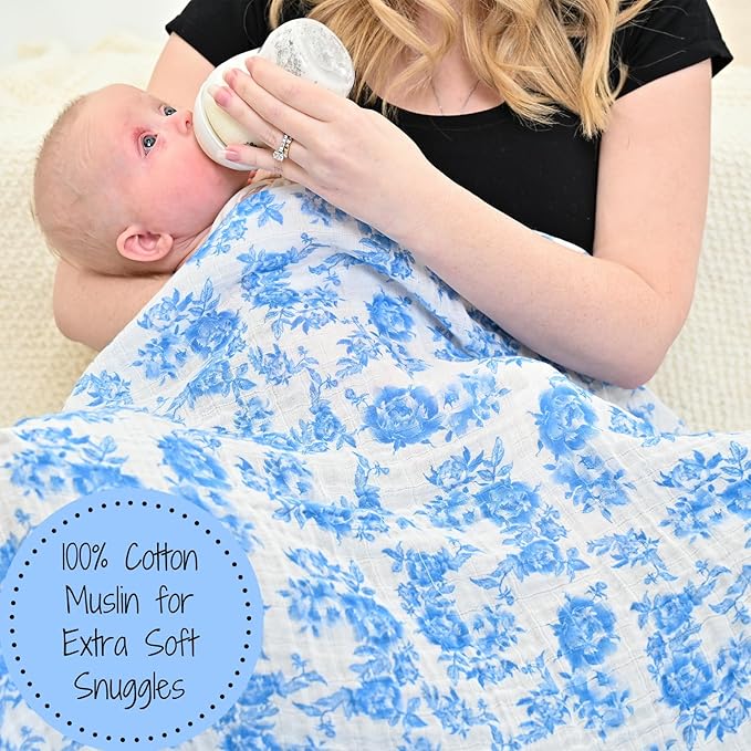 LollyBanks Baby Swaddle Blanket, 100% Cotton Muslin Blankets for Girls, Large 47 x 47 Inches Soft and Breathable Swaddles for Newborns, Gentle Baby Wrap Swaddle, Registry (Blue Peony Print)
